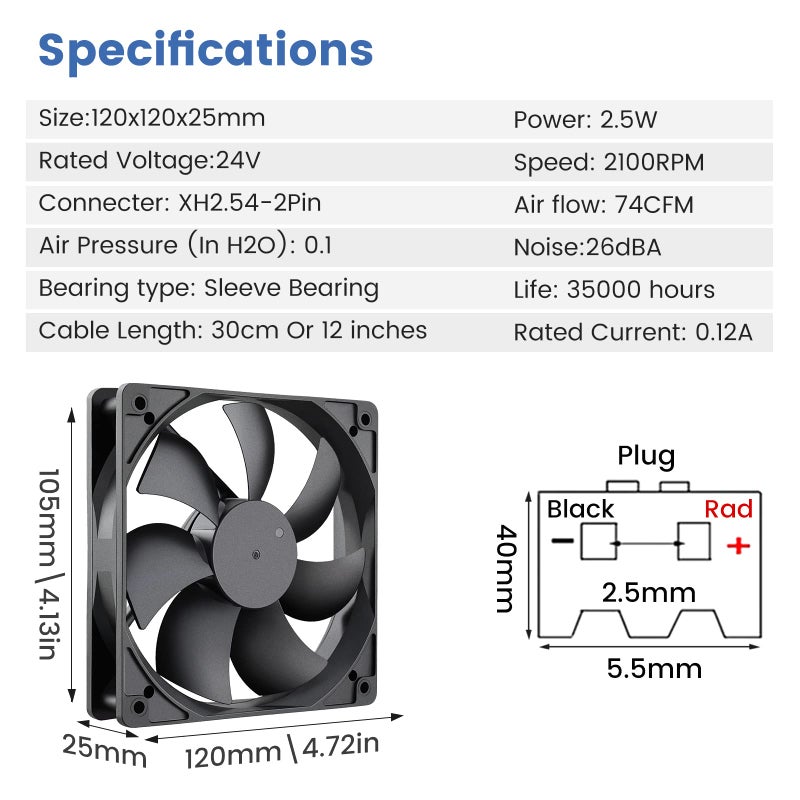 Wathai 120x120x25mm 120mm 24v Case Fan PC Cooling DC Brushless Motor Fan High Airflow - Image 2